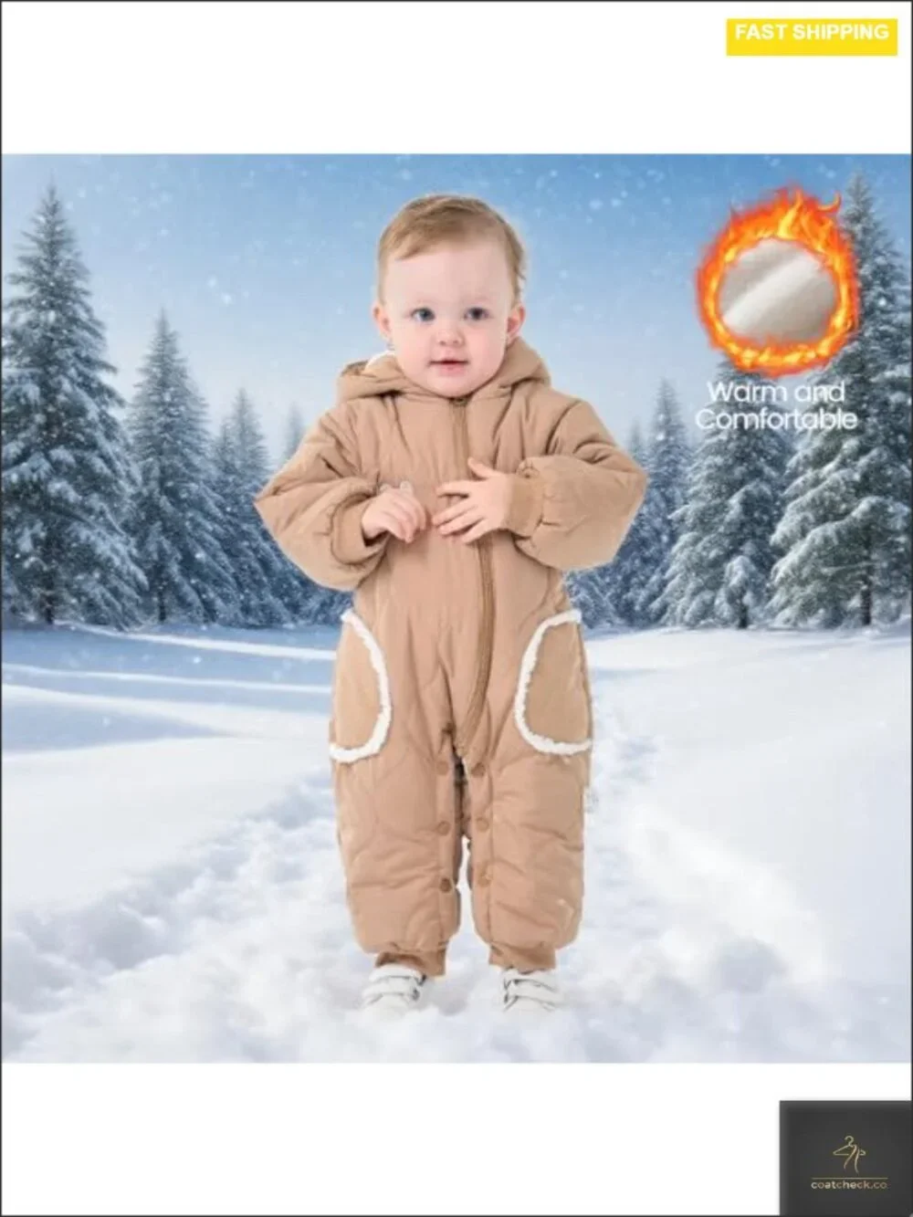 Baby Bear Snowsuit Hooded Winter Coat Cotton Lined Zipper Snap Closure